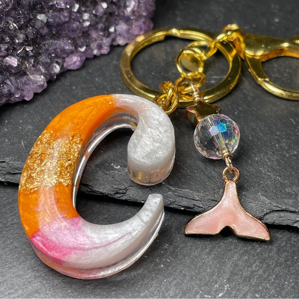 Custom Orange, Pink and Cream Letter “C” Keychain With Gold Foil Inlay - Picture 1 of 7